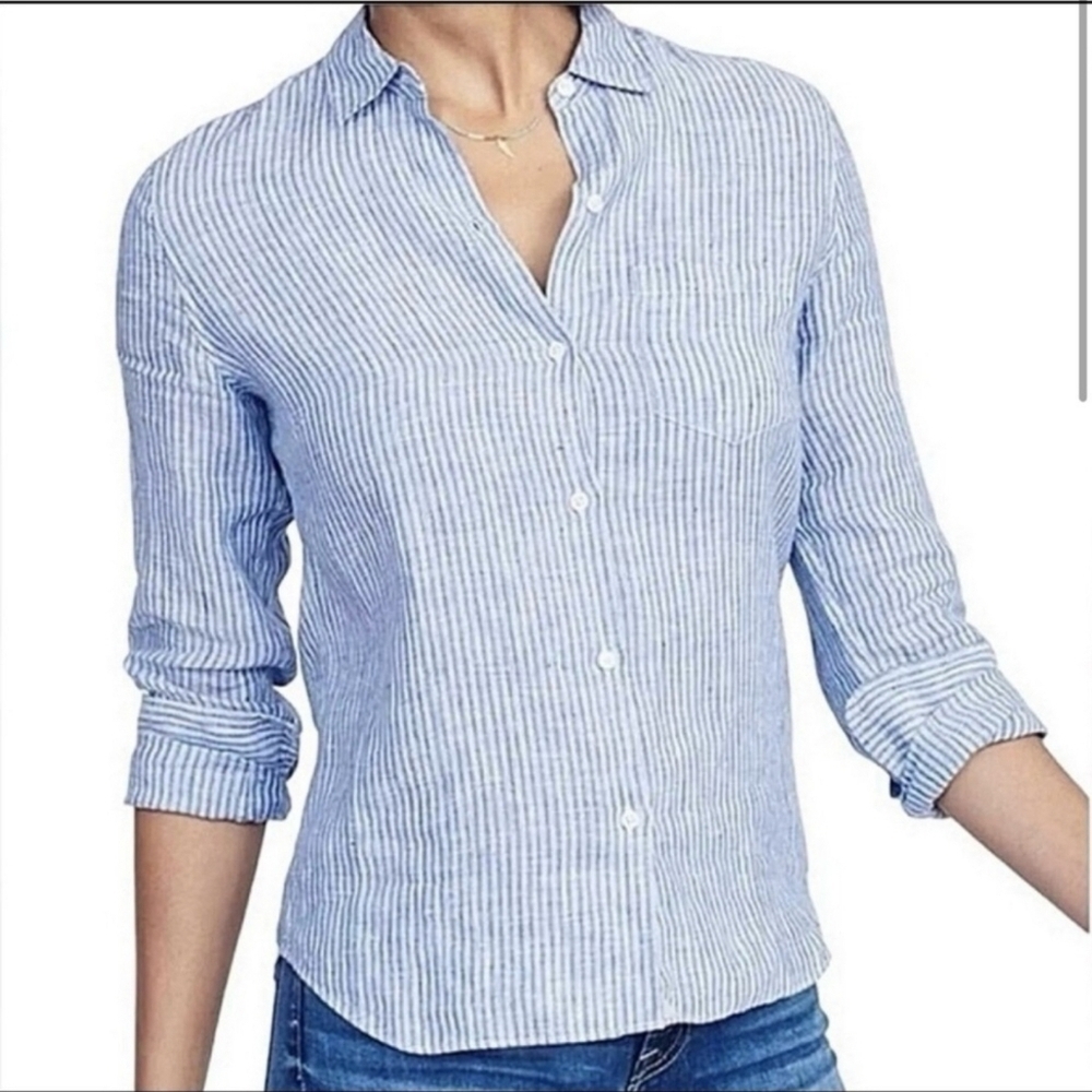 Untuckit Women’s Blue White Striped Sherry Button Down Shirt Top Blouse Linen